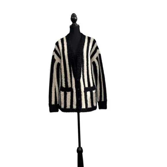 Society Amuse Black & White Fuzzy Angora Sweater | Large - Picture 1 of 6